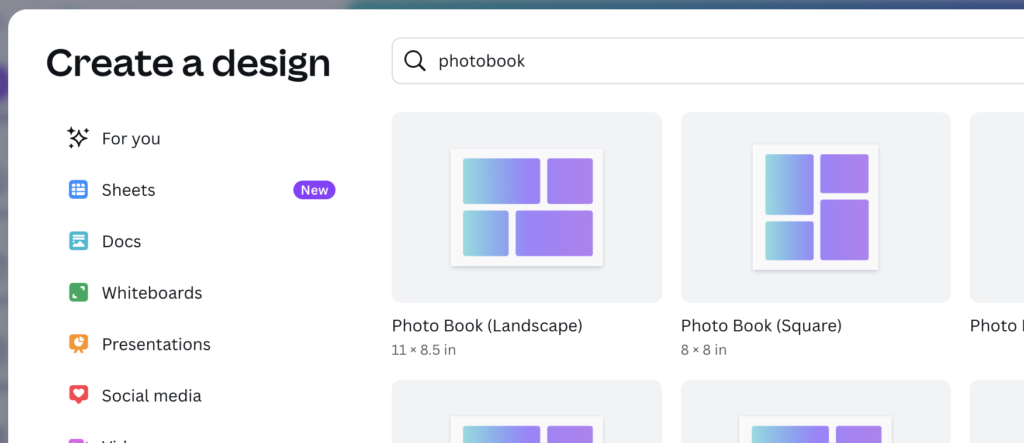 canva ทำ photobook เริ่มจากเลือกเทมเพลตที่ชอบ
