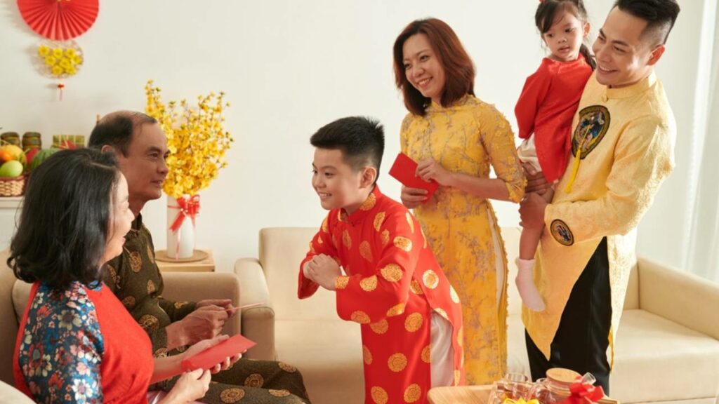 Chinese Family giving out Ang Pao during Chinese New Year